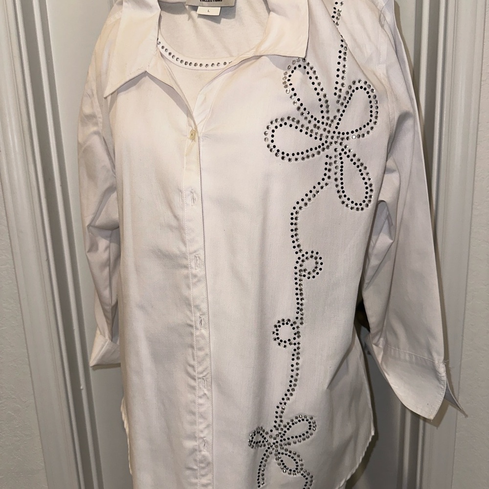 White Button-Up Shirt with Black Floral Design